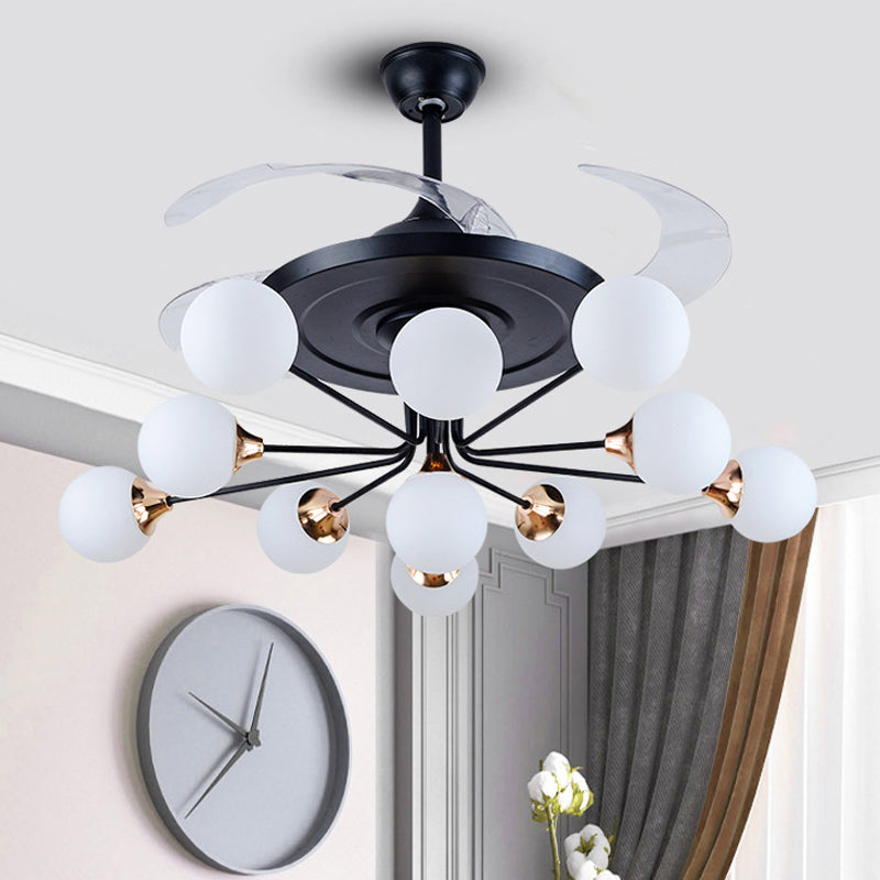 42" Wide Simple 11-Bulb Ceiling Fan Light Black Orb Semi Flush Lamp Fixture with Opal Glass Shade with 4 Blades Clearhalo 'Ceiling Fans with Lights' 'Ceiling Fans' 'Modern Ceiling Fans' 'Modern' Lighting' 1984487