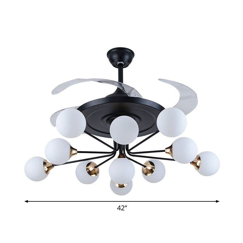 42" Wide Simple 11-Bulb Ceiling Fan Light Black Orb Semi Flush Lamp Fixture with Opal Glass Shade with 4 Blades Clearhalo 'Ceiling Fans with Lights' 'Ceiling Fans' 'Modern Ceiling Fans' 'Modern' Lighting' 1984489