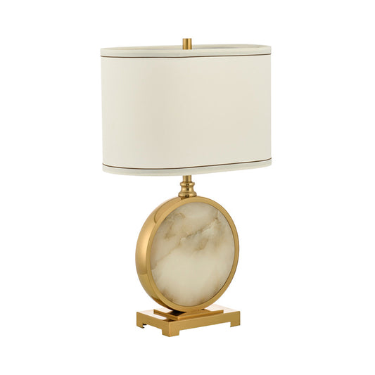 Fabric Oval Night Lamp Minimalism 1 Head Table Stand Light with Round Base in Brass and White White Clearhalo 'Lamps' 'Table Lamps' Lighting' 1984759