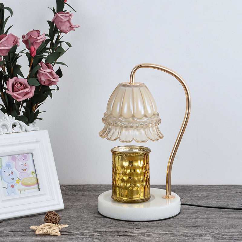 Tan Glass Flower Nightstand Lamp Designer 1-Light White and Brass Gooseneck Table Light Clearhalo 'Lamps' 'Table Lamps' Lighting' 1984827