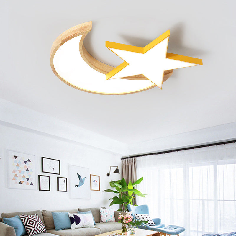 Crescent & Moon Flush Ceiling Light Acrylic Wood Nordic LED Ceiling Lamp for Kindergarten Yellow Clearhalo 'Ceiling Lights' 'Close To Ceiling Lights' 'Close to ceiling' 'Flush mount' Lighting' 198489