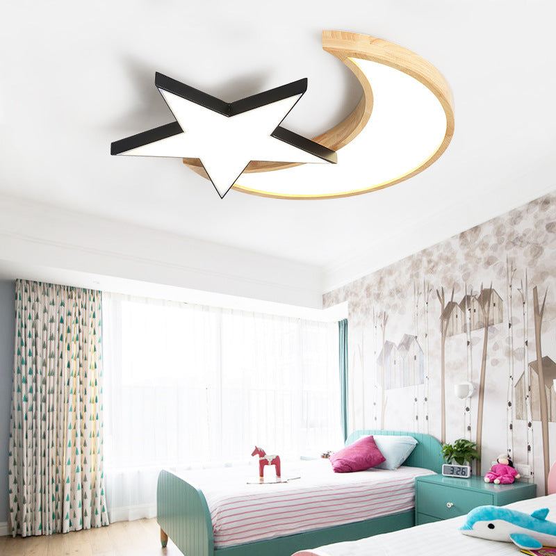 Crescent & Moon Flush Ceiling Light Acrylic Wood Nordic LED Ceiling Lamp for Kindergarten Black Clearhalo 'Ceiling Lights' 'Close To Ceiling Lights' 'Close to ceiling' 'Flush mount' Lighting' 198499