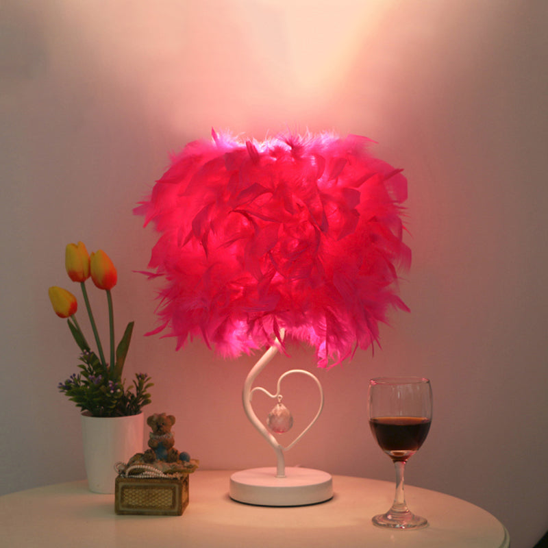 Drum Living Room Table Light Feather Single Modern Nightstand Lamp in White/Pink/Burgundy with Heart Frame and Crystal Orb Rose Red Clearhalo 'Lamps' 'Table Lamps' Lighting' 1985000