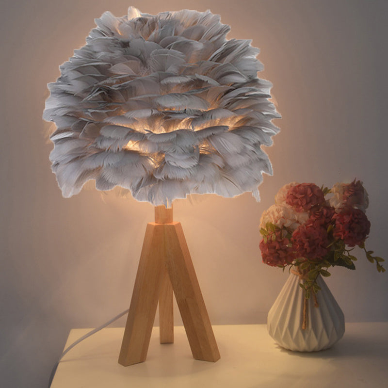 Goose Feather Dome Night Light Nordic 1 Bulb Grey/White/Pink Table Lamp with Tripod/Straight Stand in Black/White/Wood Wood Gray Clearhalo 'Lamps' 'Table Lamps' Lighting' 1985063