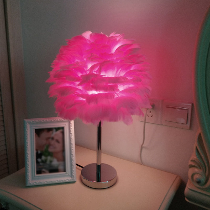 Modern Artichoke Plug-in Table Light Feather 1 Light Girls Room Nightstand  Lamp in Pink/Grey/White - Clearhalo