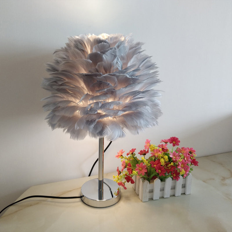 Modern Artichoke Plug-in Table Light Feather 1 Light Girls Room Nightstand Lamp in Pink/Grey/White Grey Clearhalo 'Lamps' 'Table Lamps' Lighting' 1985077