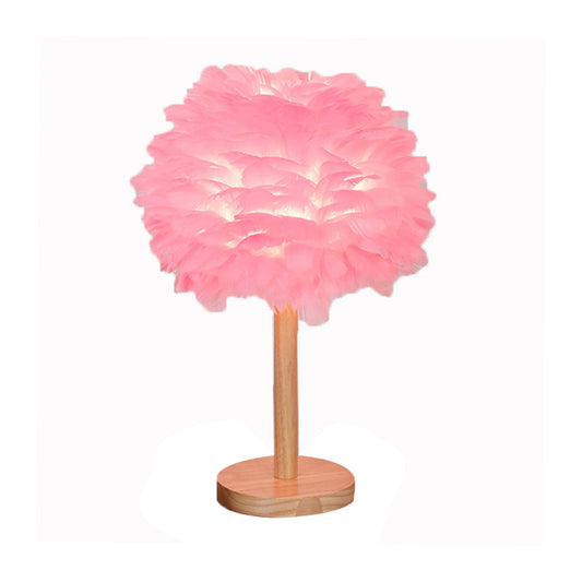 Dome Nightstand Light Nordic Feather Single Bedside Table Lamp in Pink/White/Grey with Wood Pole Clearhalo 'Lamps' 'Table Lamps' Lighting' 1985153