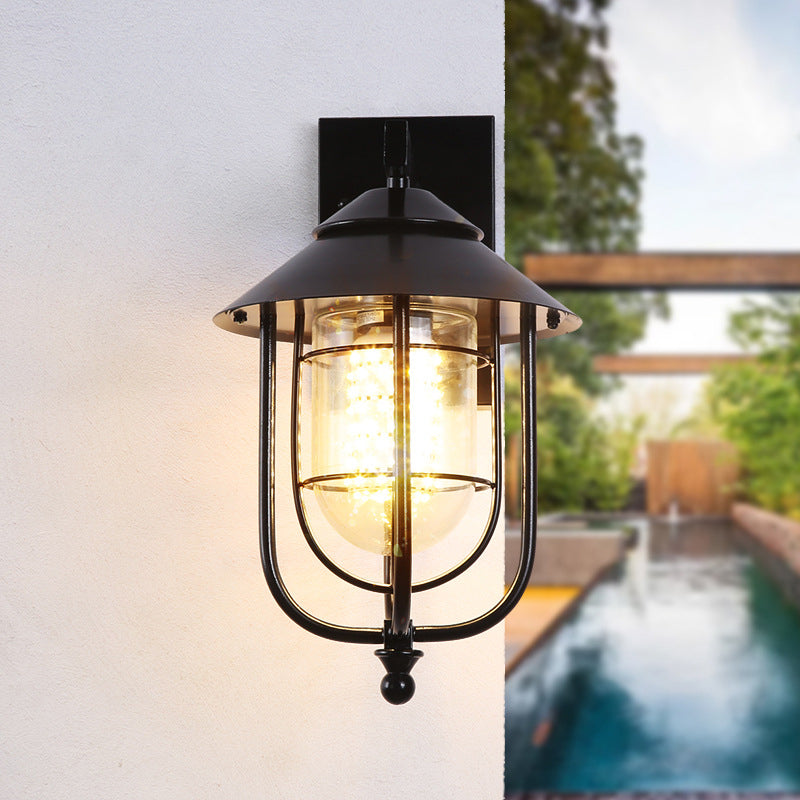 Black Half-Capsule Wall Lantern Farmhouse Clear Glass 1 Bulb Outdoor Wall Mounted Light Clearhalo 'Wall Lamps & Sconces' 'Wall Lights' Lighting' 1985159