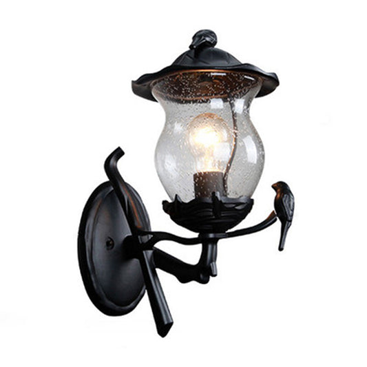 1-Light Seedy Glass Lantern Sconce Rustic Black Gourd Shaped Garden Wall Lamp with Bird Deco Clearhalo 'Wall Lamps & Sconces' 'Wall Lights' Lighting' 1985166