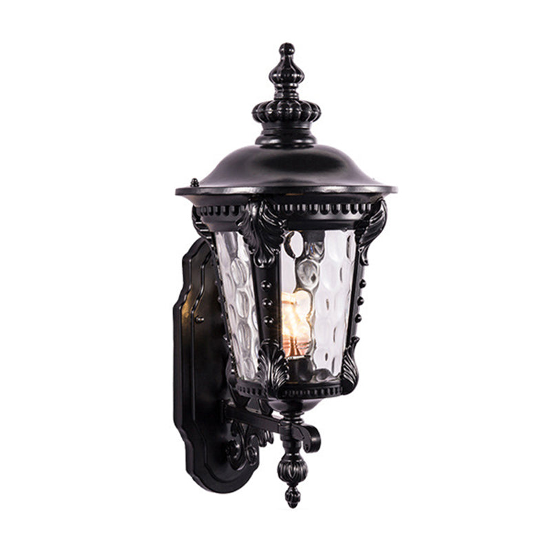 Black/Brass Tapered Sconce Light Retro Dimpled Glass 1 Head Small/Large Patio Wall Mounted Lamp Black Large Clearhalo 'Wall Lamps & Sconces' 'Wall Lights' Lighting' 1985182