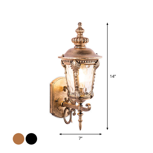 Black/Brass Tapered Sconce Light Retro Dimpled Glass 1 Head Small/Large Patio Wall Mounted Lamp Clearhalo 'Wall Lamps & Sconces' 'Wall Lights' Lighting' 1985184