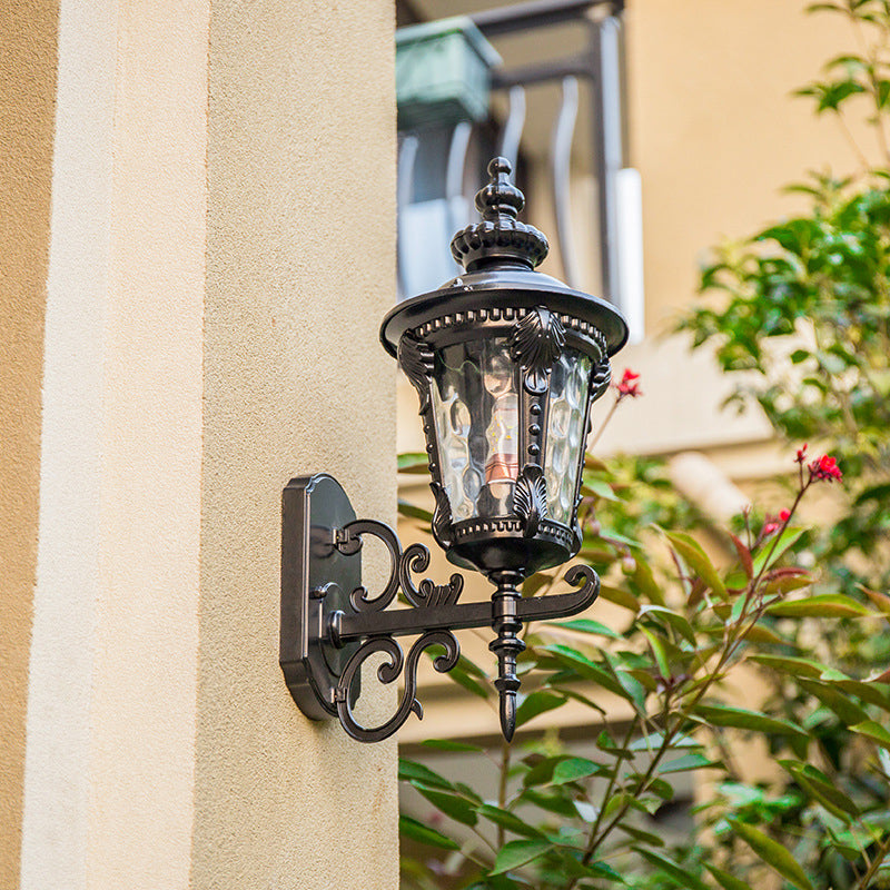 Black/Brass Tapered Sconce Light Retro Dimpled Glass 1 Head Small/Large Patio Wall Mounted Lamp Black Small Clearhalo 'Wall Lamps & Sconces' 'Wall Lights' Lighting' 1985185