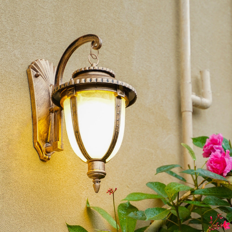 Single Small/Large Wall Lamp Vintage Porch Wall Lantern with Bell Milk Frosted Glass Shade in Black/Brass Brass Large Clearhalo 'Wall Lamps & Sconces' 'Wall Lights' Lighting' 1985193