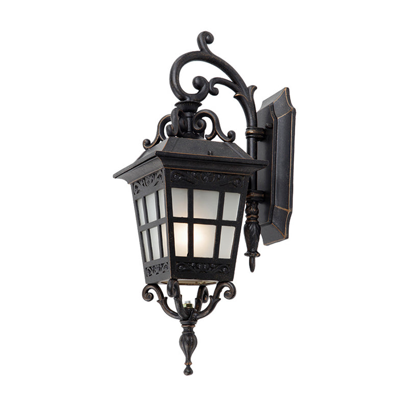 Vintage Lantern Sconce Light Single Frosted White Glass Outdoor Wall Mount with Scroll Arm in Black Clearhalo 'Wall Lamps & Sconces' 'Wall Lights' Lighting' 1985205