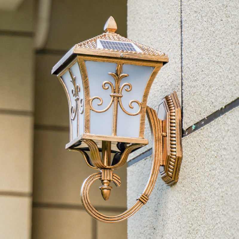 Frosted Glass Curved Lantern Sconce Traditional Patio Small/Large Solar LED Wall Lamp in Black/Brass Brass Clearhalo 'Wall Lamps & Sconces' 'Wall Lights' Lighting' 1985224