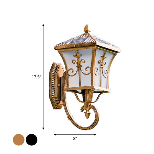 Frosted Glass Curved Lantern Sconce Traditional Patio Small/Large Solar LED Wall Lamp in Black/Brass Clearhalo 'Wall Lamps & Sconces' 'Wall Lights' Lighting' 1985228