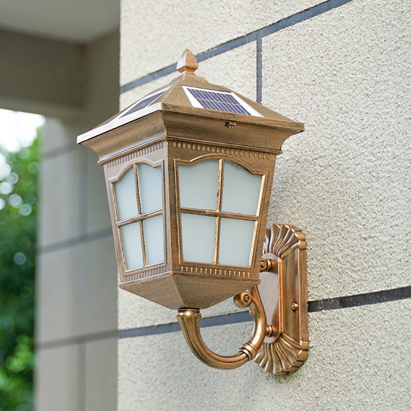 Antiqued Style House Lantern Wall Light Frosted Glass Solar LED Wall Sconce in Brass, Small/Large Brass Clearhalo 'Wall Lamps & Sconces' 'Wall Lights' Lighting' 1985232