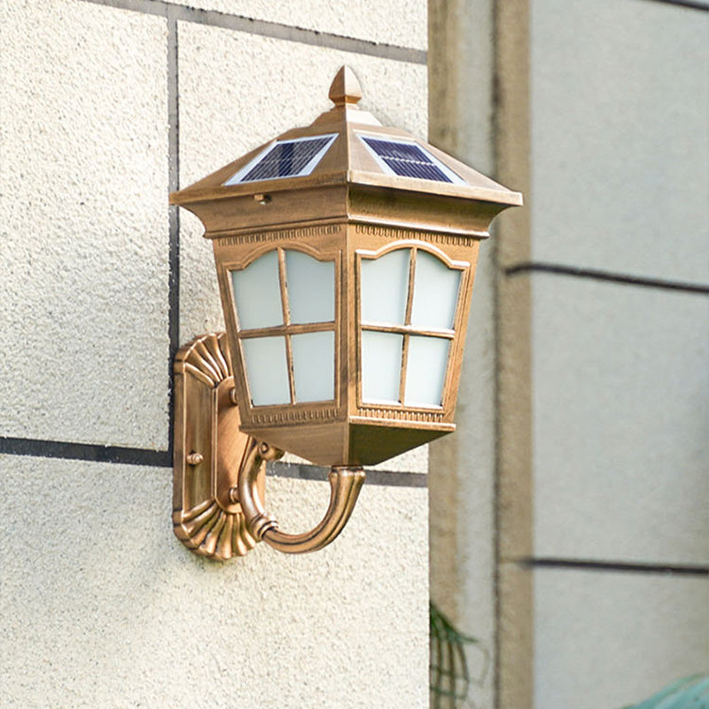 Antiqued Style House Lantern Wall Light Frosted Glass Solar LED Wall Sconce in Brass, Small/Large Clearhalo 'Wall Lamps & Sconces' 'Wall Lights' Lighting' 1985234