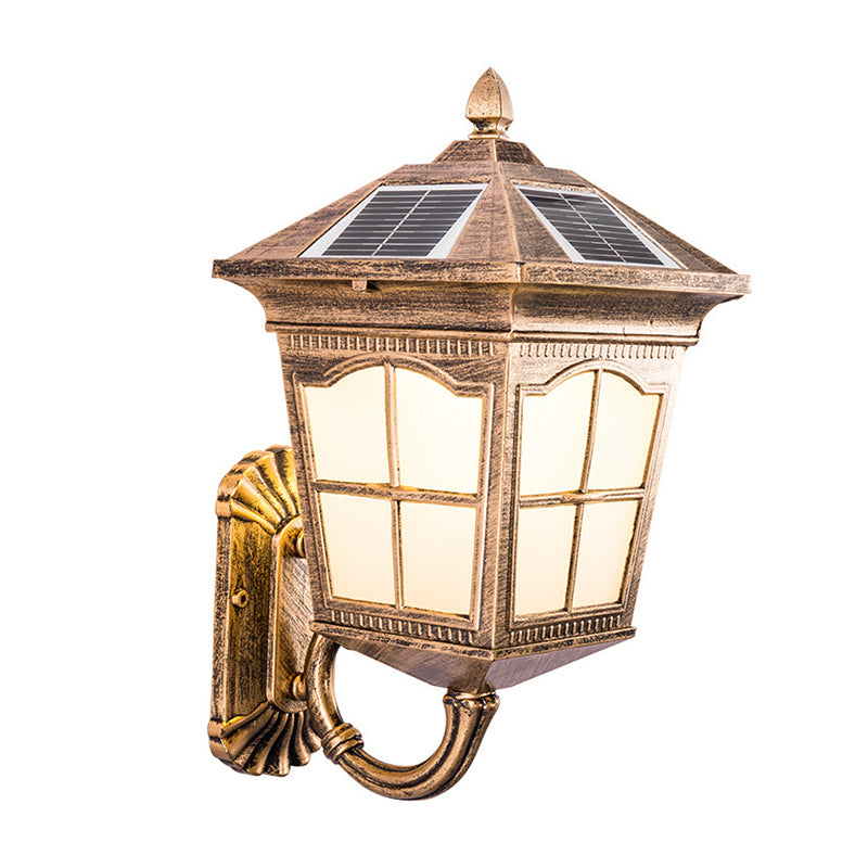 Antiqued Style House Lantern Wall Light Frosted Glass Solar LED Wall Sconce in Brass, Small/Large Clearhalo 'Wall Lamps & Sconces' 'Wall Lights' Lighting' 1985235