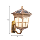 Antiqued Style House Lantern Wall Light Frosted Glass Solar LED Wall Sconce in Brass, Small/Large Clearhalo 'Wall Lamps & Sconces' 'Wall Lights' Lighting' 1985237