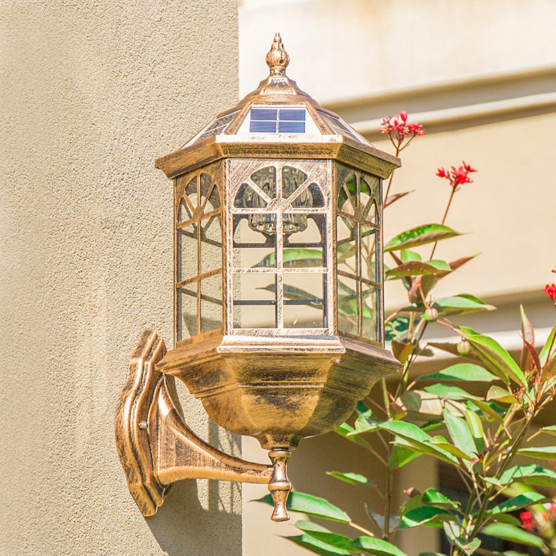 Clear Glass Black/Brass Solar Wall Lighting Faceted Traditional LED Lantern Wall Sconce for Outdoor Brass Clearhalo 'Wall Lamps & Sconces' 'Wall Lights' Lighting' 1985238