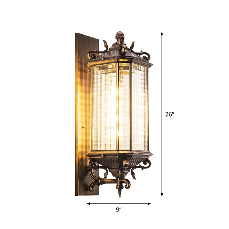 Brass Rectangle Wall Sconce Light Rustic Clear Gridded Glass Single Outdoor Small/Large Wall Light Clearhalo 'Wall Lamps & Sconces' 'Wall Lights' Lighting' 1985251