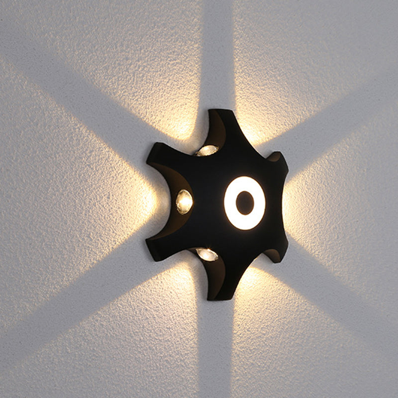 Snowflake Outdoor LED Wall Light Plastic 6-Bulb Modern Flush Mount Wall Sconce in Black, Warm/White Light Clearhalo 'Cast Iron' 'Glass' 'Industrial' 'Modern wall lights' 'Modern' 'Tiffany' 'Traditional wall lights' 'Wall Lamps & Sconces' 'Wall Lights' Lighting' 1985579
