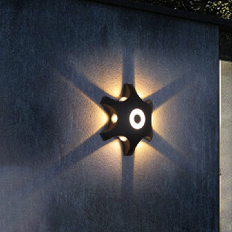 Snowflake Outdoor LED Wall Light Plastic 6-Bulb Modern Flush Mount Wall Sconce in Black, Warm/White Light Clearhalo 'Cast Iron' 'Glass' 'Industrial' 'Modern wall lights' 'Modern' 'Tiffany' 'Traditional wall lights' 'Wall Lamps & Sconces' 'Wall Lights' Lighting' 1985580