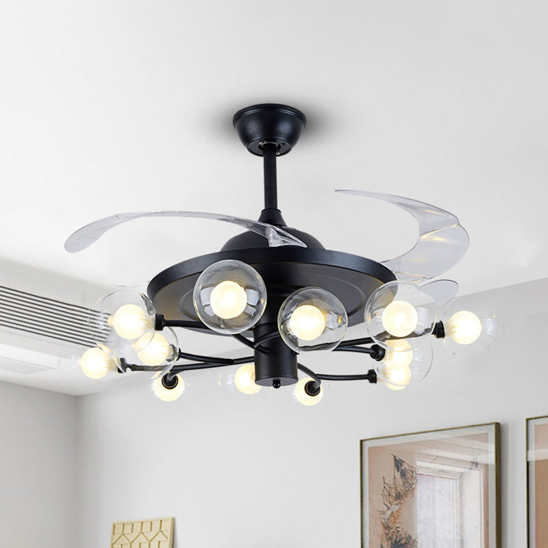 4-Blade Clear Glass Orb Semi Flush Mount Modernity 42" Wide 12 Heads Pendant Fan Lamp in Black Clearhalo 'Ceiling Fans with Lights' 'Ceiling Fans' 'Modern Ceiling Fans' 'Modern' Lighting' 1985629