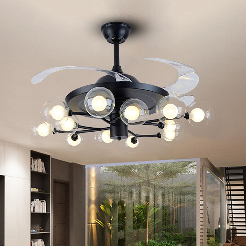 4-Blade Clear Glass Orb Semi Flush Mount Modernity 42" Wide 12 Heads Pendant Fan Lamp in Black Clearhalo 'Ceiling Fans with Lights' 'Ceiling Fans' 'Modern Ceiling Fans' 'Modern' Lighting' 1985630