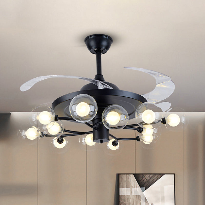 4-Blade Clear Glass Orb Semi Flush Mount Modernity 42" Wide 12 Heads Pendant Fan Lamp in Black Clearhalo 'Ceiling Fans with Lights' 'Ceiling Fans' 'Modern Ceiling Fans' 'Modern' Lighting' 1985631