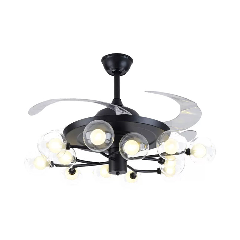 4-Blade Clear Glass Orb Semi Flush Mount Modernity 42" Wide 12 Heads Pendant Fan Lamp in Black Clearhalo 'Ceiling Fans with Lights' 'Ceiling Fans' 'Modern Ceiling Fans' 'Modern' Lighting' 1985632