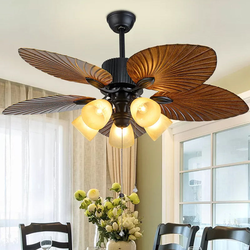 5-Blade 5 Heads Bedroom Ceiling Fan Lamp Modern Black Semi-Flush Light with Conic Plastic Shade, 52" Wide Clearhalo 'Ceiling Fans with Lights' 'Ceiling Fans' 'Modern Ceiling Fans' 'Modern' Lighting' 1985644