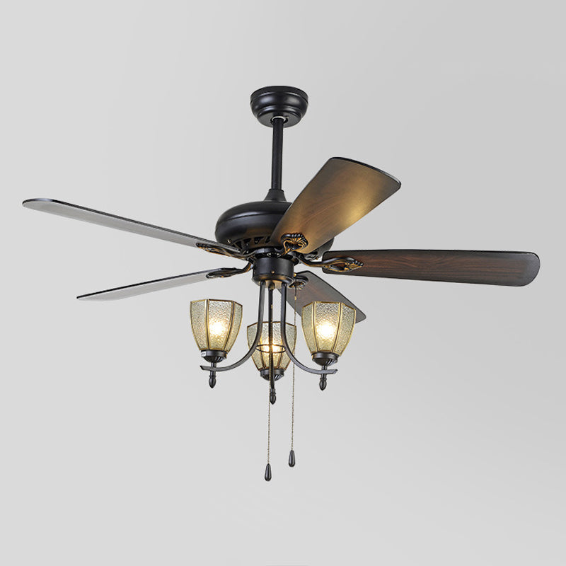 5-Blade 3 Lights Semi Flush Traditional Tapered Metallic Hanging Fan Light Fixture in Black, 52" Wide Clearhalo 'Ceiling Fans with Lights' 'Ceiling Fans' Lighting' 1985678