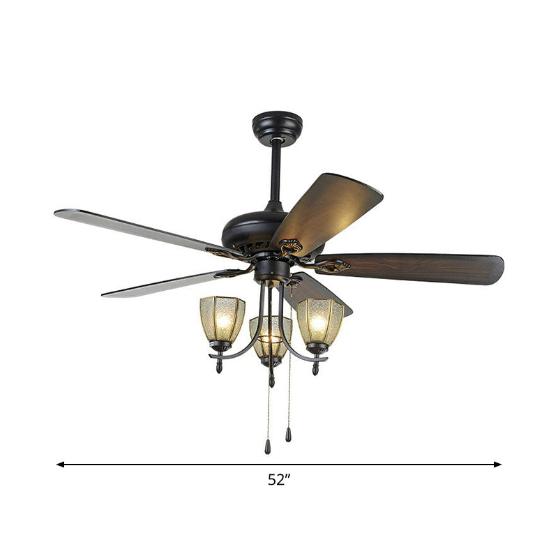 5-Blade 3 Lights Semi Flush Traditional Tapered Metallic Hanging Fan Light Fixture in Black, 52" Wide Clearhalo 'Ceiling Fans with Lights' 'Ceiling Fans' Lighting' 1985679