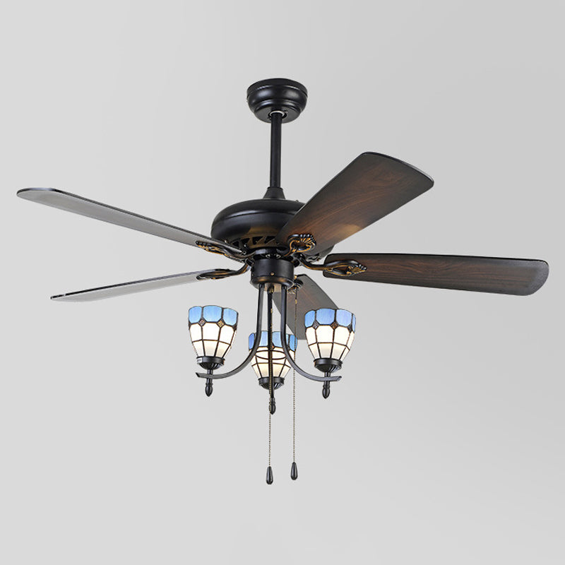 5-Blade 3 Lights Semi Flush Traditional Tapered Metallic Hanging Fan Light Fixture in Black, 52" Wide Clearhalo 'Ceiling Fans with Lights' 'Ceiling Fans' Lighting' 1985686