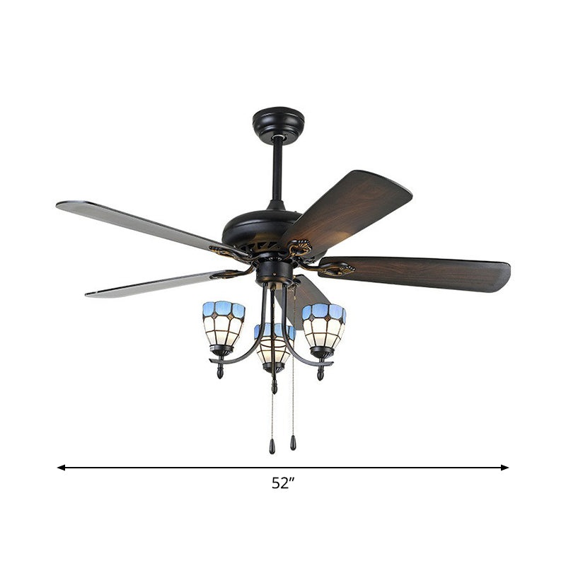 5-Blade 3 Lights Semi Flush Traditional Tapered Metallic Hanging Fan Light Fixture in Black, 52" Wide Clearhalo 'Ceiling Fans with Lights' 'Ceiling Fans' Lighting' 1985687