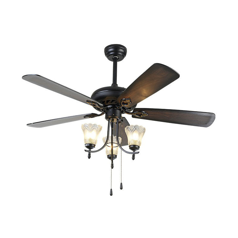 5-Blade 3 Lights Semi Flush Traditional Tapered Metallic Hanging Fan Light Fixture in Black, 52" Wide Clearhalo 'Ceiling Fans with Lights' 'Ceiling Fans' Lighting' 1985689