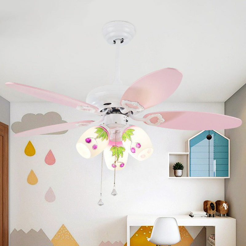 5 Blades Elongated Nursery Semi Mount Lighting Opal Glass 42" Wide 3-Light Minimal Ceiling Fan Light with Pull Chain White Clearhalo 'Ceiling Fans with Lights' 'Ceiling Fans' 'Kids Ceiling Fans' 'Kids' Lighting' 1985698