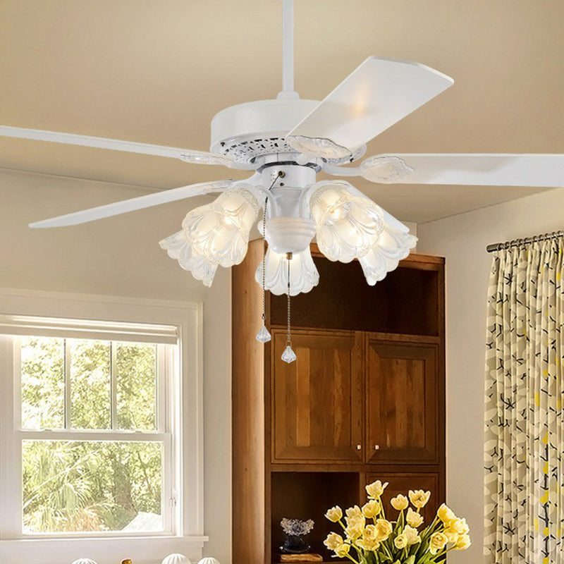 5 Bulbs Pendant Fan Light Rustic Living Room 5-Blade Semi Mount Lighting with Bell Carved Glass Shade, 52" Wide White Clearhalo 'Ceiling Fans with Lights' 'Ceiling Fans' Lighting' 1985713