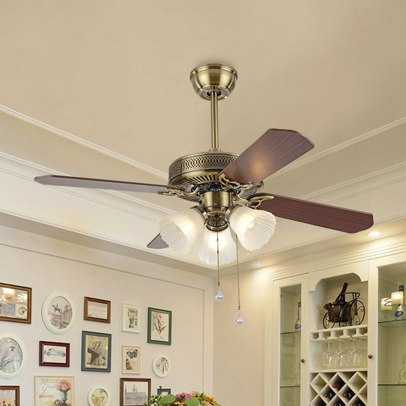 42" Wide 3 Bulbs Semi Flush Light Rustic Bell Shade Frosted Glass Pull Chain Ceiling Fan Lamp with 4 Blades Clearhalo 'Ceiling Fans with Lights' 'Ceiling Fans' Lighting' 1985750