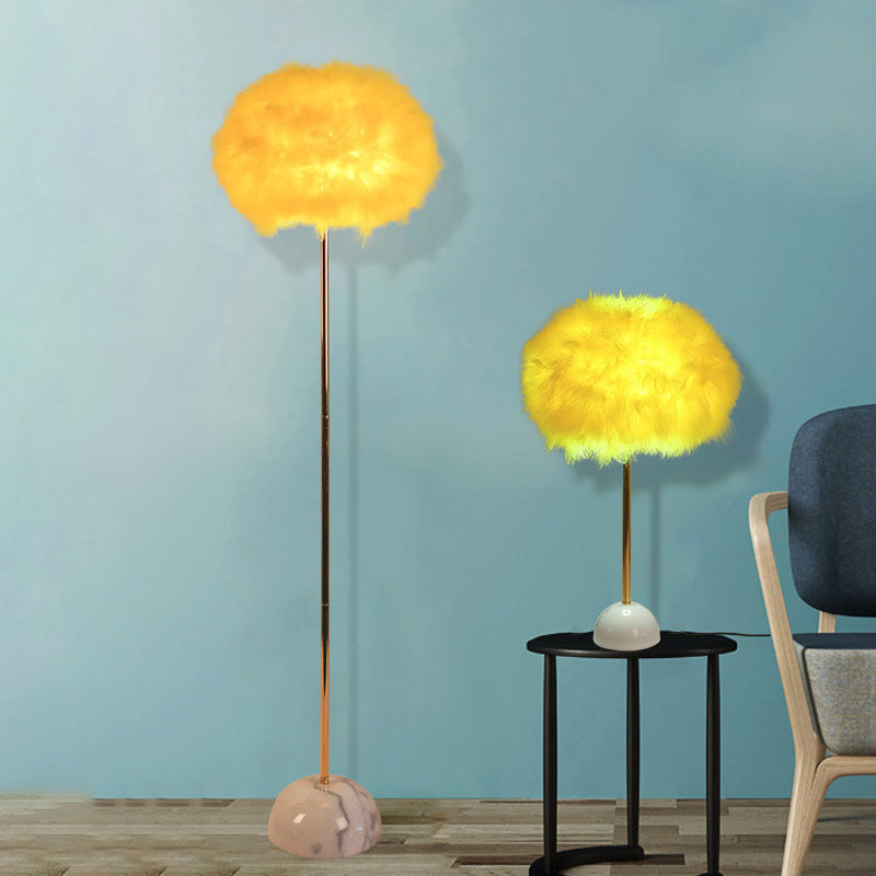 Hand-Woven Feather Sphere Floor Lamp Nordic 1 Head Yellow Floor Standing Light with Ceramic Base Yellow Clearhalo 'Floor Lamps' 'Lamps' Lighting' 1986048