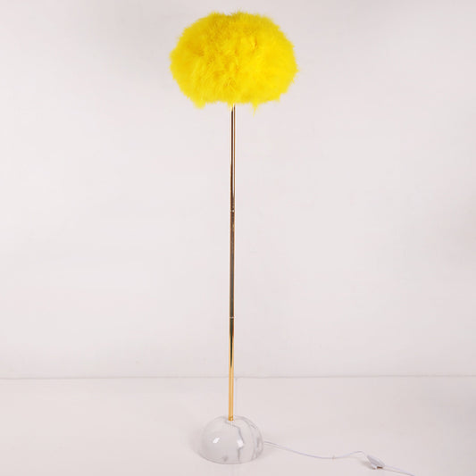 Hand-Woven Feather Sphere Floor Lamp Nordic 1 Head Yellow Floor Standing Light with Ceramic Base Clearhalo 'Floor Lamps' 'Lamps' Lighting' 1986050