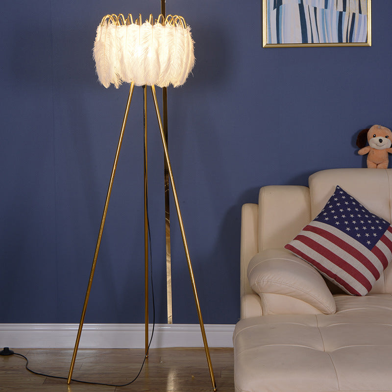 Drum Floor Standing Light Post-Modern Goose Feather 1-Head Bedside Tripod Floor Lamp in Brass and White White Clearhalo 'Floor Lamps' 'Lamps' Lighting' 1986102