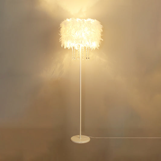Drum Floor Reading Light Simplicity Feather 1-Light White Gooseneck/Straight Stand Up Lamp with/without Crystal Drape Clearhalo 'Floor Lamps' 'Lamps' Lighting' 1986138