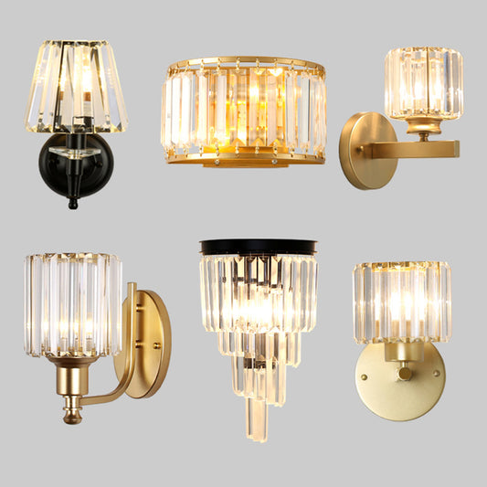 Postmodern 1 Head Wall Lamp Gold Cylindrical/Half-Drum Sconce Light with Prismatic Crystal Shade Clearhalo 'Cast Iron' 'Glass' 'Industrial' 'Modern wall lights' 'Modern' 'Tiffany' 'Traditional wall lights' 'Wall Lamps & Sconces' 'Wall Lights' Lighting' 1986256