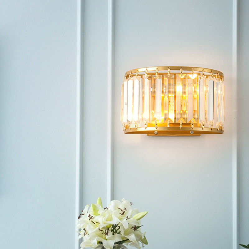 Postmodern 1 Head Wall Lamp Gold Cylindrical/Half-Drum Sconce Light with Prismatic Crystal Shade Clearhalo 'Cast Iron' 'Glass' 'Industrial' 'Modern wall lights' 'Modern' 'Tiffany' 'Traditional wall lights' 'Wall Lamps & Sconces' 'Wall Lights' Lighting' 1986257