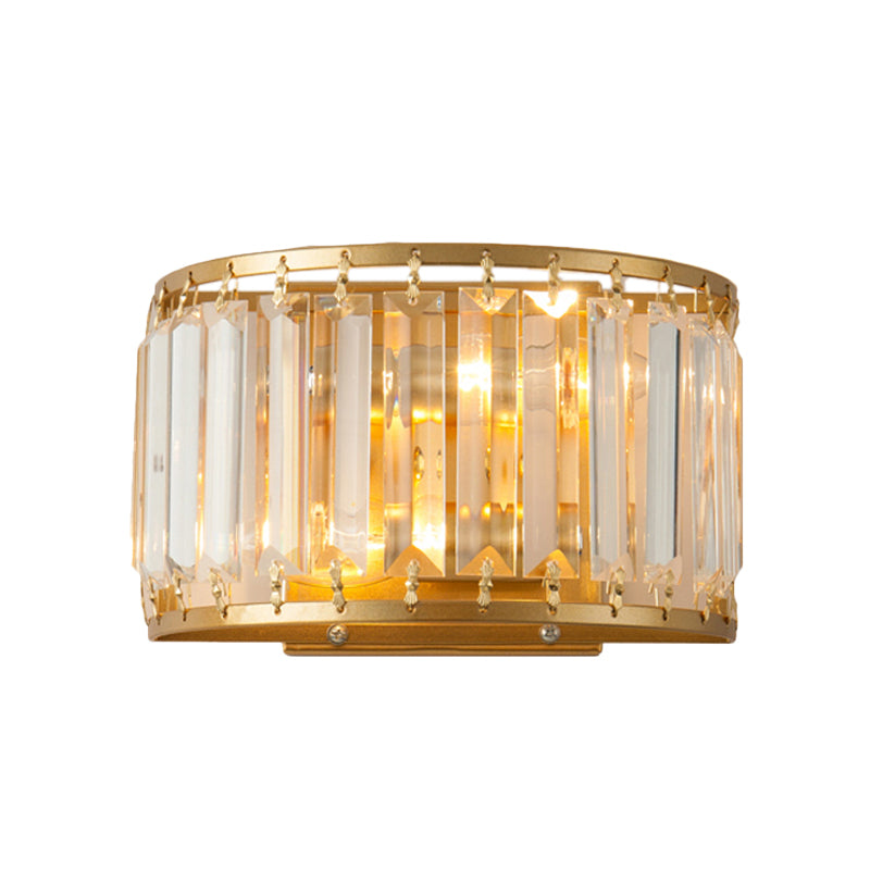 Postmodern 1 Head Wall Lamp Gold Cylindrical/Half-Drum Sconce Light with Prismatic Crystal Shade Clearhalo 'Cast Iron' 'Glass' 'Industrial' 'Modern wall lights' 'Modern' 'Tiffany' 'Traditional wall lights' 'Wall Lamps & Sconces' 'Wall Lights' Lighting' 1986258