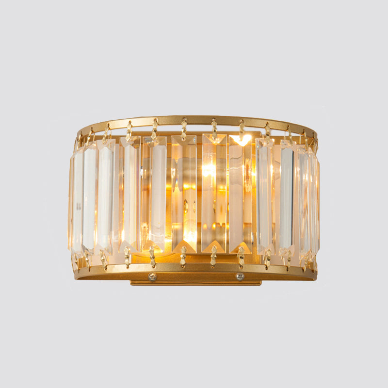 Postmodern 1 Head Wall Lamp Gold Cylindrical/Half-Drum Sconce Light with Prismatic Crystal Shade Clearhalo 'Cast Iron' 'Glass' 'Industrial' 'Modern wall lights' 'Modern' 'Tiffany' 'Traditional wall lights' 'Wall Lamps & Sconces' 'Wall Lights' Lighting' 1986259