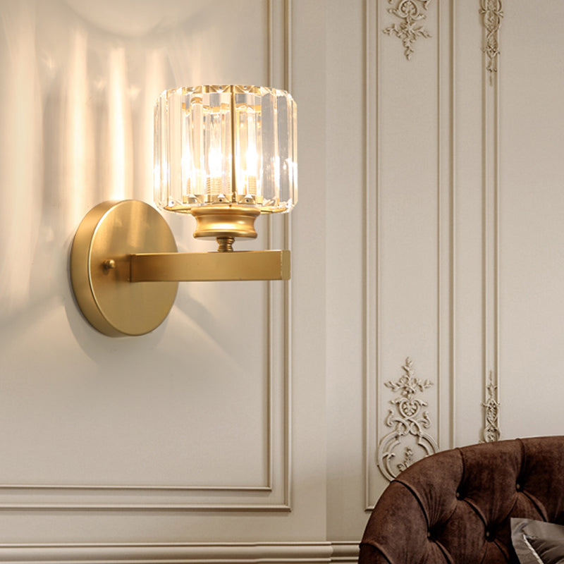 Postmodern 1 Head Wall Lamp Gold Cylindrical/Half-Drum Sconce Light with Prismatic Crystal Shade Clearhalo 'Cast Iron' 'Glass' 'Industrial' 'Modern wall lights' 'Modern' 'Tiffany' 'Traditional wall lights' 'Wall Lamps & Sconces' 'Wall Lights' Lighting' 1986262